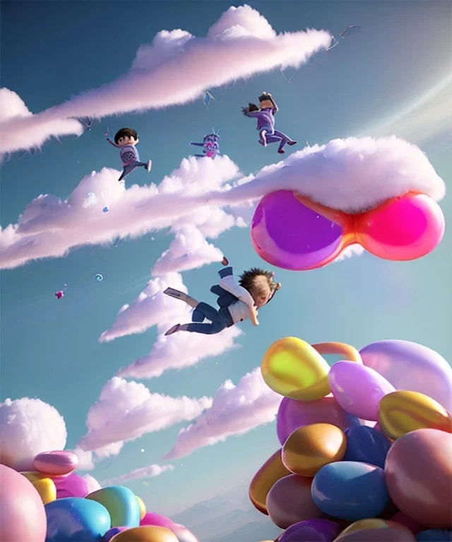 Ultra realistic speed clouds sky scene, wide angle view, sweet men falling down with many Childs, feather color clothing, free jumping flying, many trinkets, hair monster, many jelly beans, balls, color smoke, smile, happy, circus style, extreme, wind, clouds sea, 20,000 feet altitude, stratosphere, soft color, highly detailed, unreal engine 5, ray tracing, RTX, lumen lighting, ultra detail, volumetric lighting, 3d, finely drawn, high definition, high resolution.