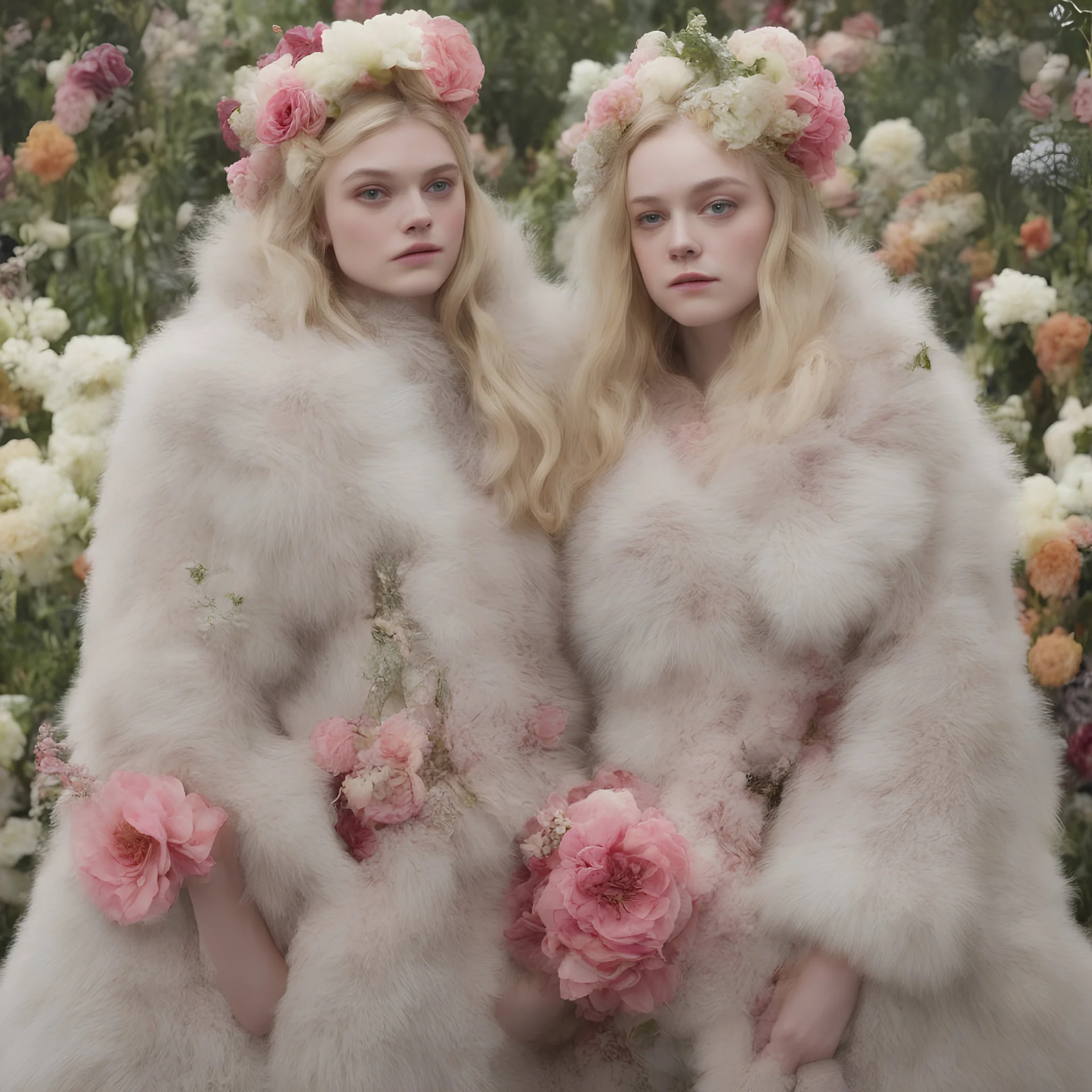 Elle fanning and dakota fanning , as flowers, in fur