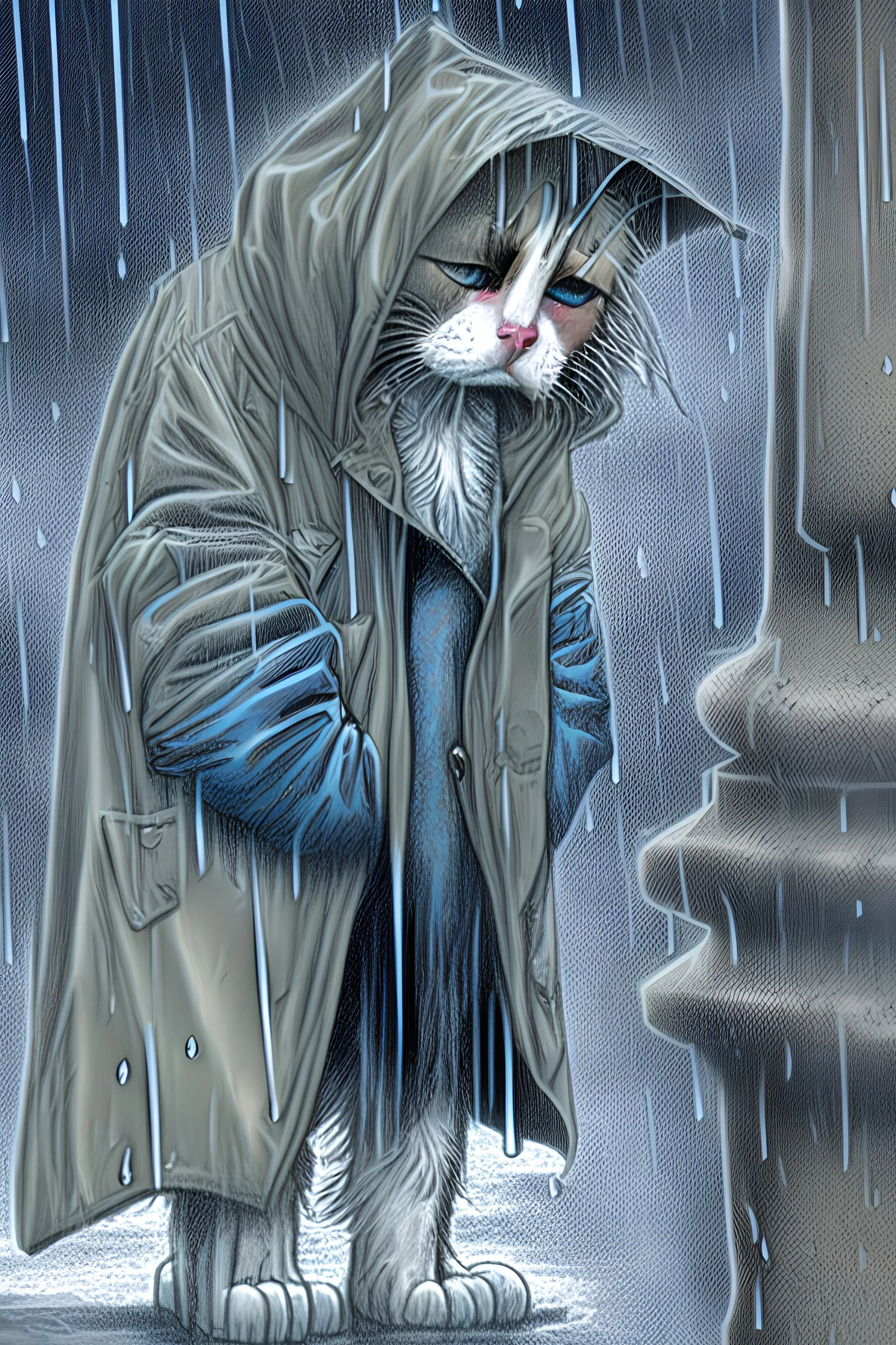 One single mature homeless cat with worn out clothes, walking in the rain, realistic proportions, mourning, model style, hyper realistic, extremely accurate, delicate, extremely detailed, Graphic novel style, wide-angle, open aperture, superfine pencil