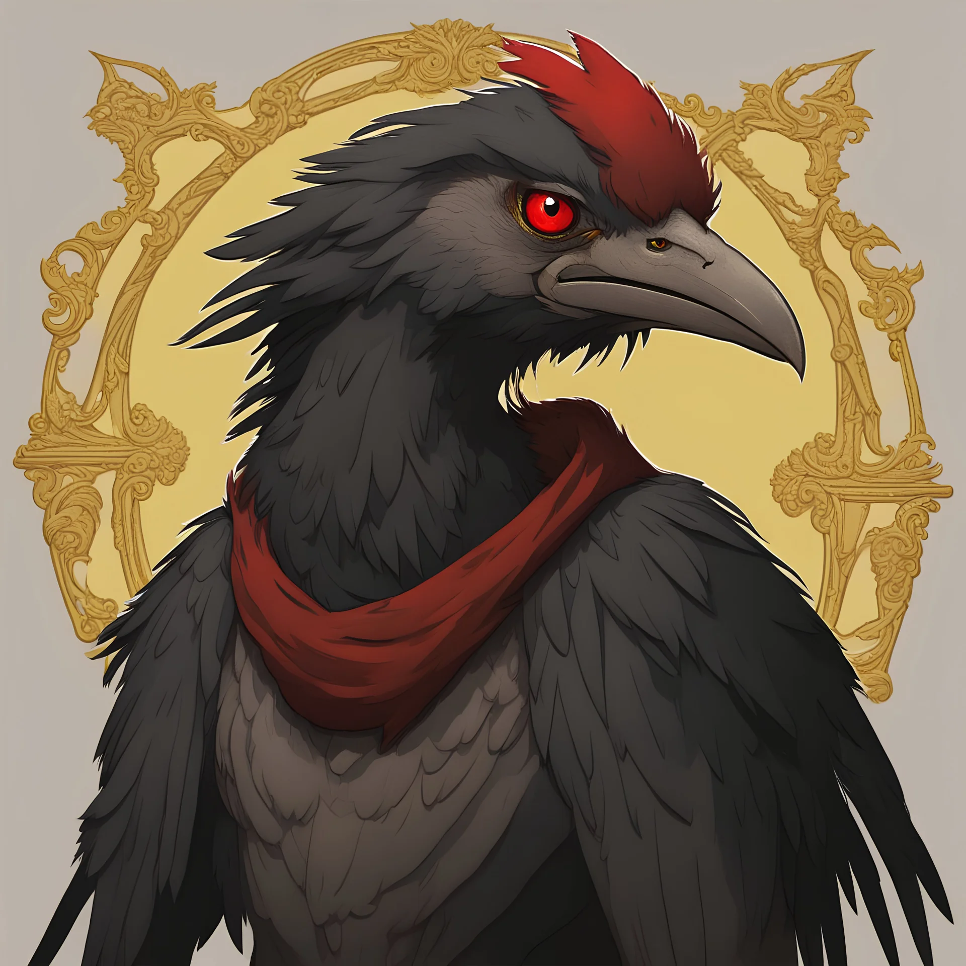 An Aarakocra D&D with black feathers, yellow beak, red eyes