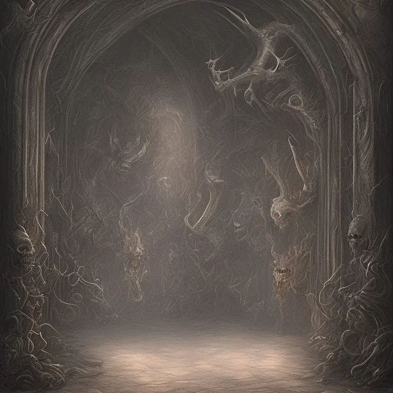 Gates of hell, Huge Door slightly opened, path of pain and suffering, walls made of skeletons, scream