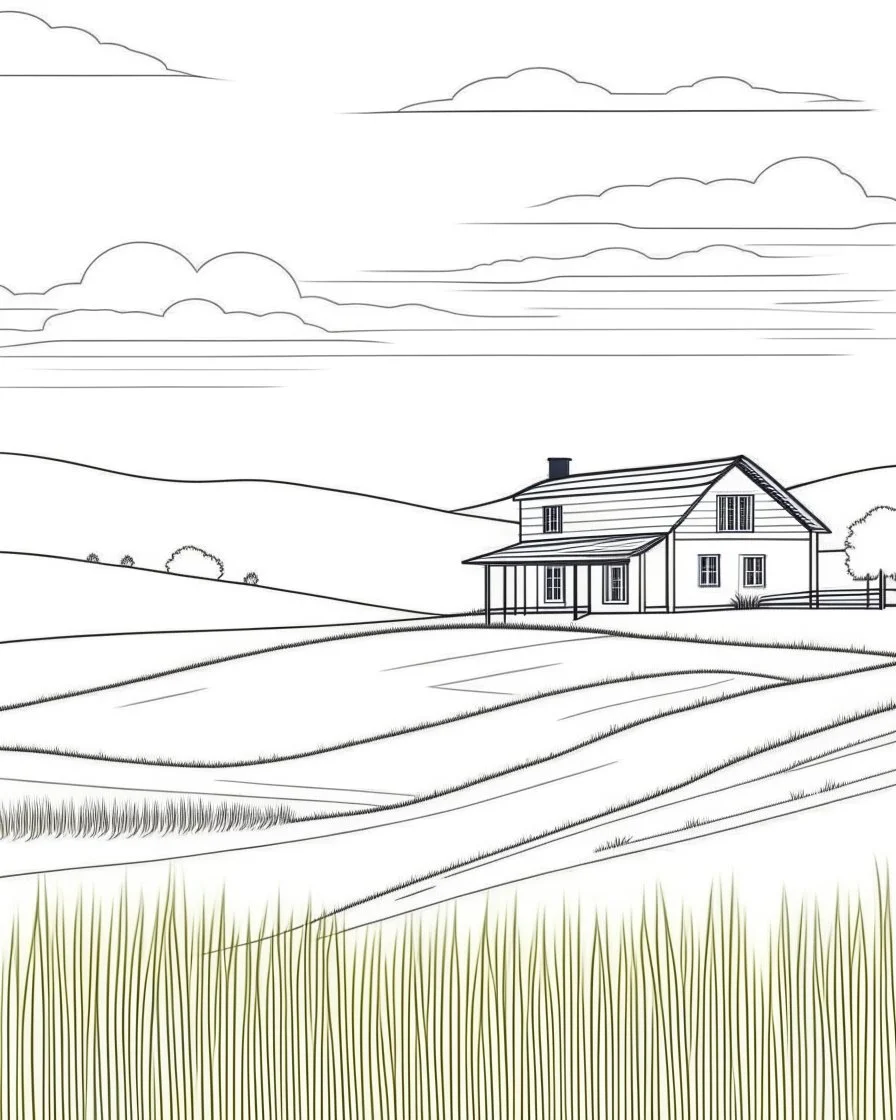 Coloring pages: A serene countryside scene with rolling hills, green meadows, and a picturesque farmhouse in the distance. The image should capture a sense of simplicity and tranquility, with an abundance of nature's beauty. Readers should be able to envision themselves strolling through the fields, feeling the gentle breeze, and immersing in the calming landscape.