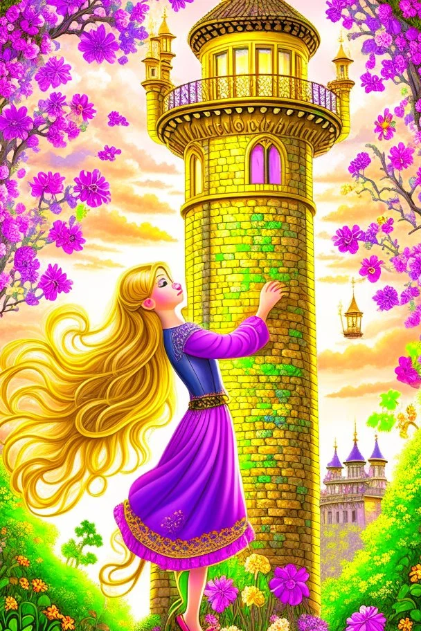 Princess Rapunzel is very beautiful in her tower, her hair is falling from the tower, and beautiful flowers and lanterns are flying around her