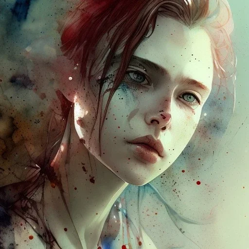 Singer Danish MØ face, watercolor illustration by <agnes cecile> <Yoji Shinkawa>, darkred tones,