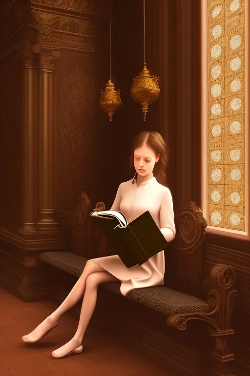 girl sitting in a church pew, reading the holy bible