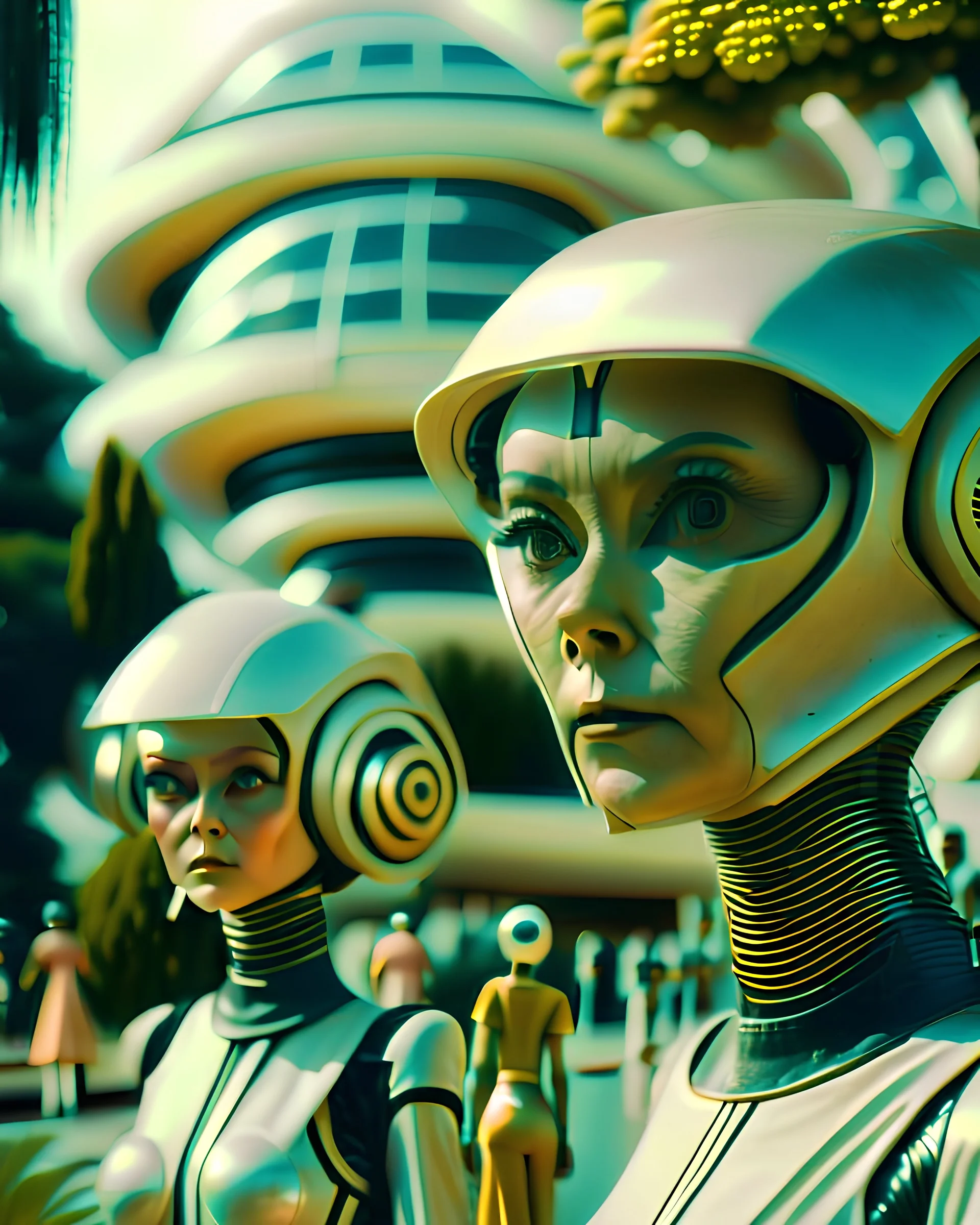 cinematic photography still with a close up focus on the a small meticulously detailed group of content people,a stylish futuristic utopian group in a bright sunny Zen future. shiny basic retro style robot servants, amazing architectural utopian city street with trees and plants and water features and future technologhy intense special effects portrait --c 10 --weird 25 --s 200 --ar 16:9