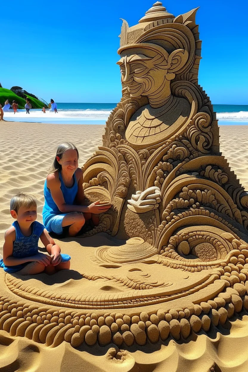 a woman and a child sitting , intricate sand art in a beach, sand sculpted,