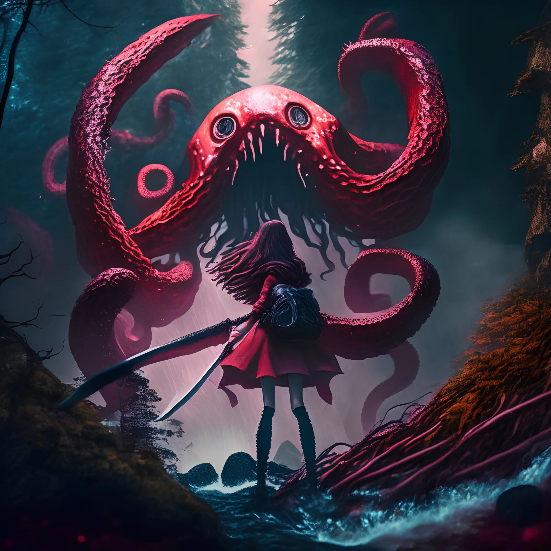 giant octopus, girl with katana, in the forest, cliff enchanted, magic meteor falling behind, darkred tones, 8k, macro photography,