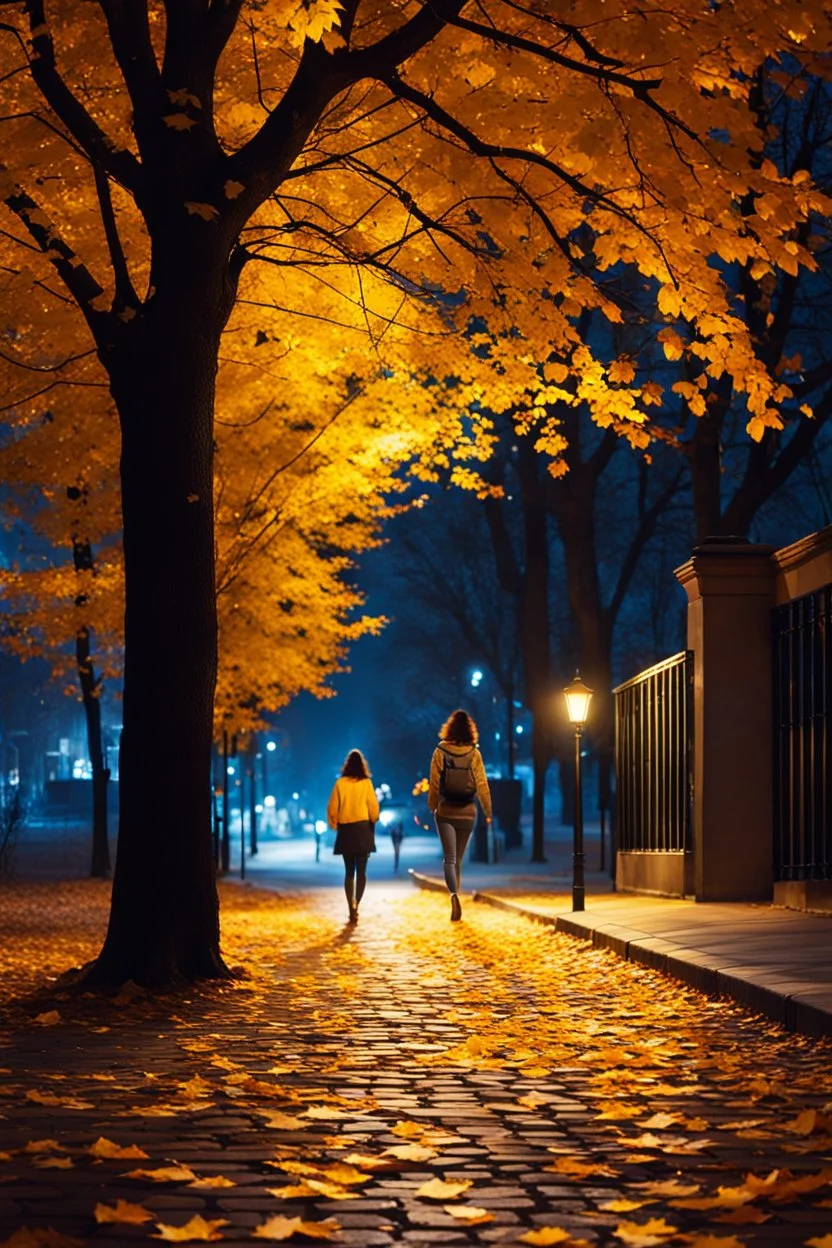 night yellow lights over the street trees autumn leaves under feet ,a Student adult girl with books in her hand walking in street turned back to talk to a boy walks after her few meters away her back