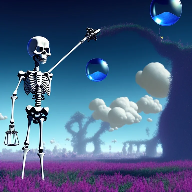 The Skeleton and the Grim Reaper on bubble world, discussing the future of the universe, art by Magritte and Pixar