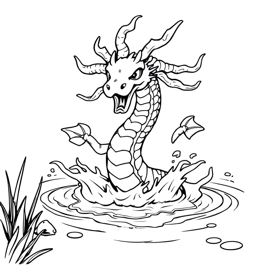Make black and white cute drawing of a multi-headed hydra with black bold lines. Only outline, no grayscale. A multi-headed hydra is splashing in a magical lake.