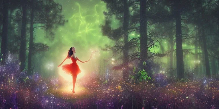 beautiful lady, dancing in a enchanted forest at nite, fotorealistic, high quality, landscape, fireflies, aurora borealis