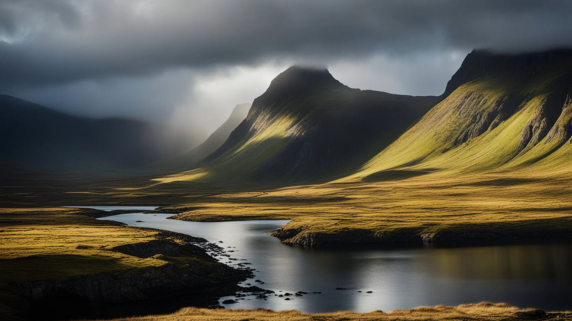 Mountainous landscape on Kerguelen, dramatic sunlight, chiaroscuro, beautiful composition, award-winning photograph