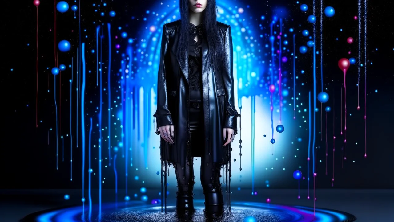 Full body and headshot of a young gothic woman dressed in clothing dripping like liquid, with no hat, with a multiverse background