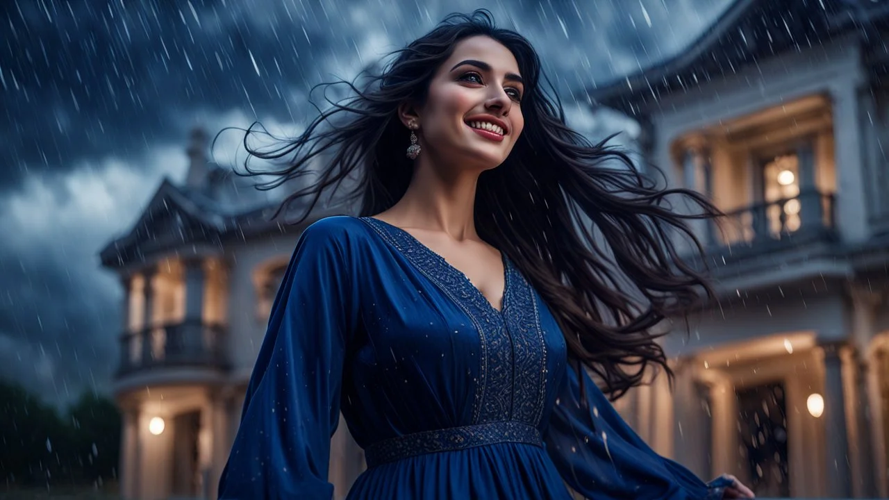 Hyper Realistic Photographic Low-Angle View Of A Beautiful Young Pashto Woman With Beautiful Eyes Lips & Nose (Wearing Beautiful Traditional Navy-Blue Dress Her Beautiful Long Black Hair Whirling In Air) Happily Standing & Smiling Outside A Fancy Navy-Blue Mansion Heavy Rainfall Night with Thunderstorm Showing Dramatic & Cinematic Ambiance.