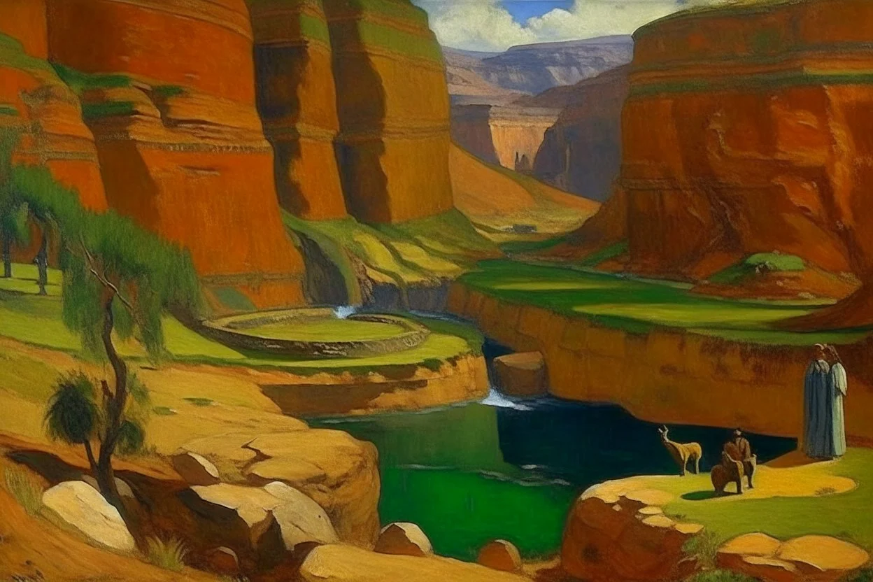 A brown canyon with cannons painted by Paul Gauguin