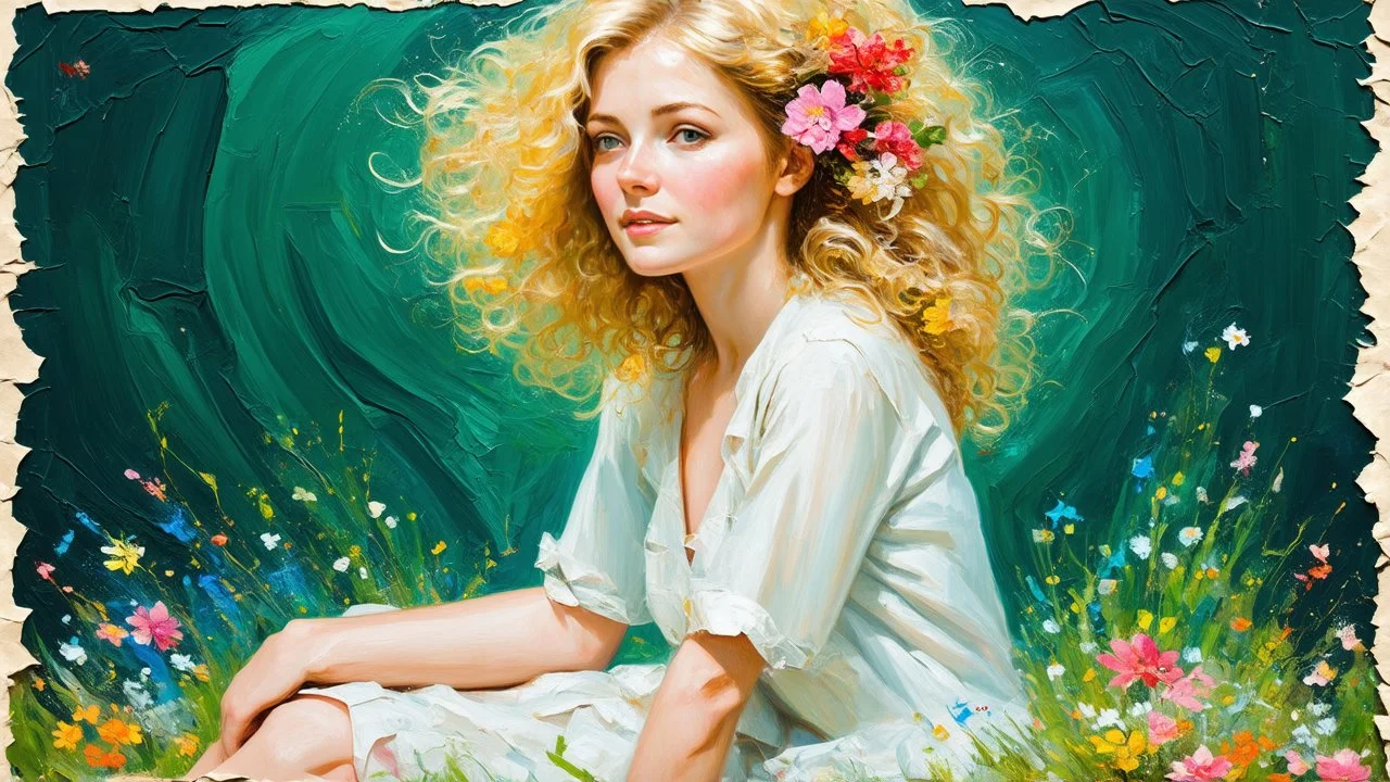dark green background, abstract art complementary colours fine details , old torn worn paper, peeling, high grain, portrait of blonde woman , flowers in hair, acrylic, alcohol ink, fine drawing, A blonde woman in her 40s, with flowers woven into her loose, curly hair, sits in a whimsical, fairy-tale setting, surrounded by delicate swirling patterns reminiscent of the textures of old torn paper, in a vibrant, abstract style combining acrylic and alcohol ink techniques, with fine detailing that hi