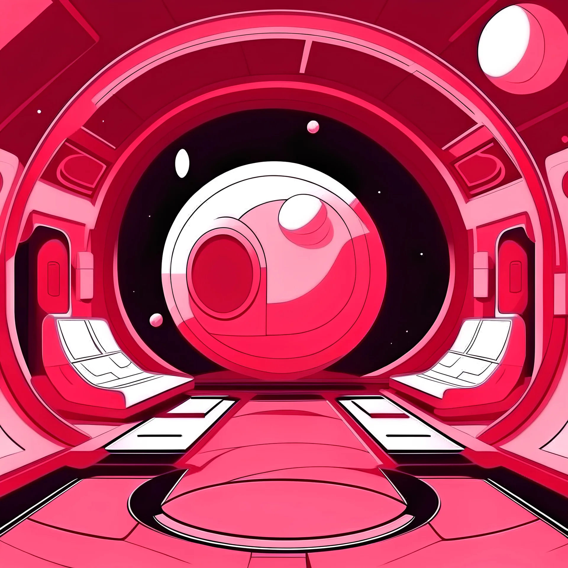 Cartoon futuristic red, pink and white space moon base interior