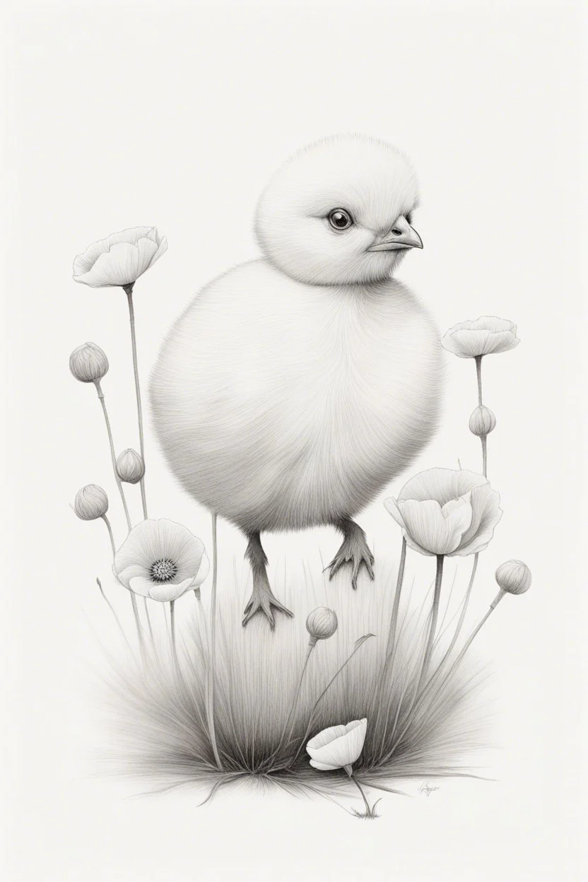 A white baby chick Minimalist white ink pencil and white drawing of white poppies in a white background