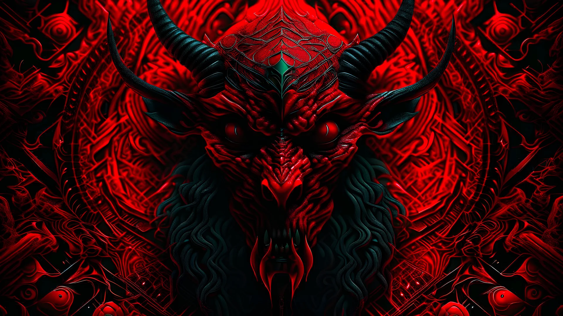 red filter, psychedelic, dark, horror, Digital 3D, analogue cinematic, Baphomet