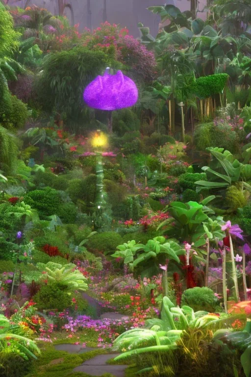 psychadelic garden, during a gentle rain, with large venus-flytrap in the center