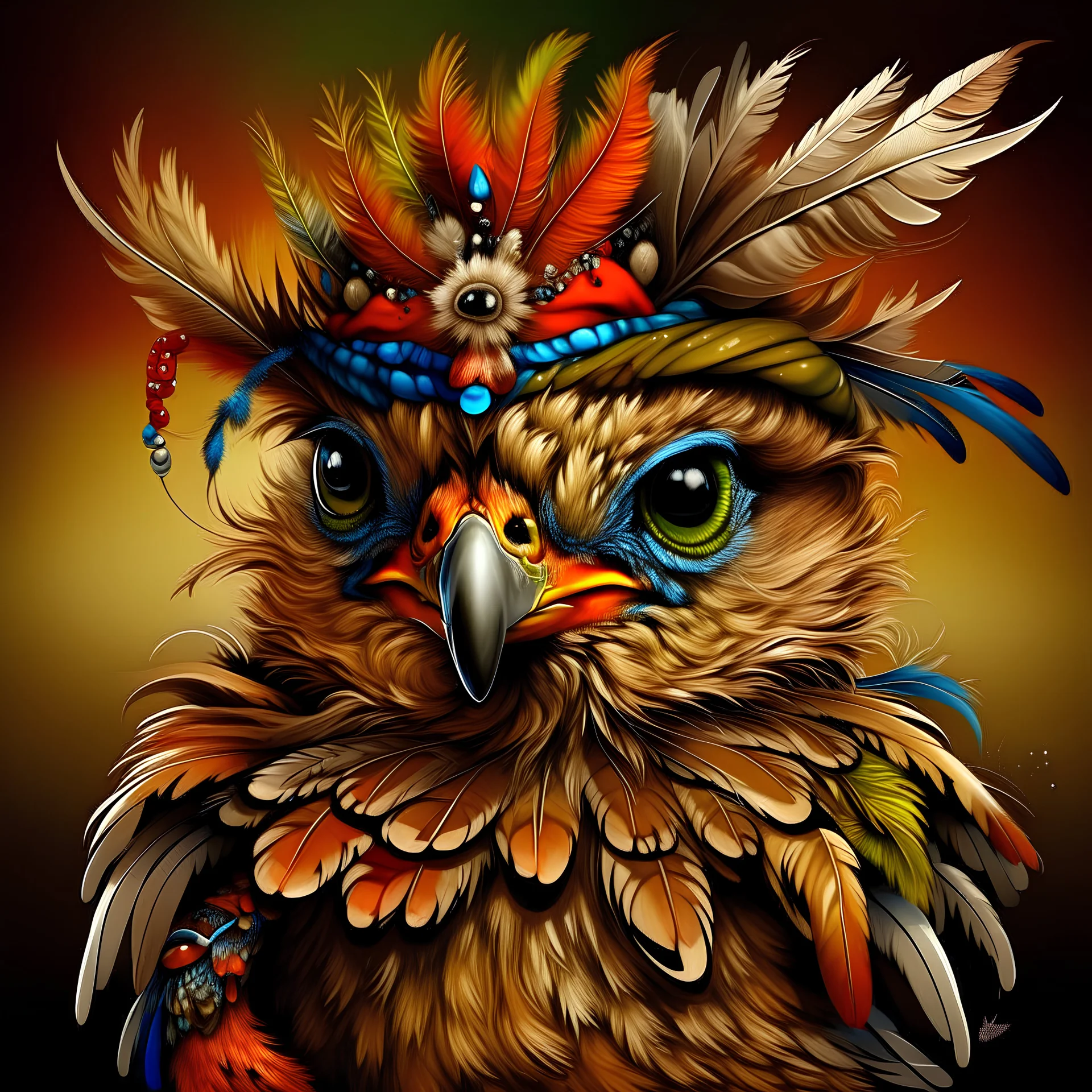 very cute looking bird with big eyes and a bandana, anthropomorphic bird, feathered head, a surrealistic bird, cute owl, covered in feathers, surrealistic bird, fat bird, hippy, by Eddie Mendoza, mischievous look, made of feathers, looking like a bird, cocky smirk, kitty-bird hybrid