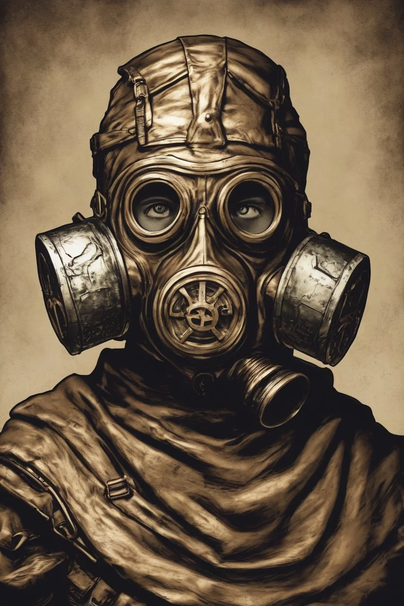 warrior portrait, Bronze metal gas-mask, comic style