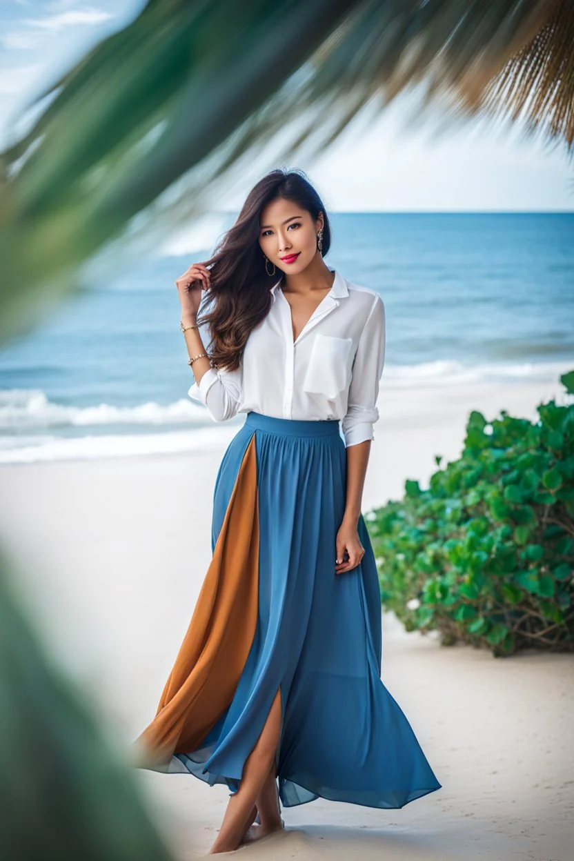 young lady wearing beautiful maxi blue skirt and elegant long shirt standing in beach posing to camera ,upper body shot,ships in sea ,blue sky nice clouds in background