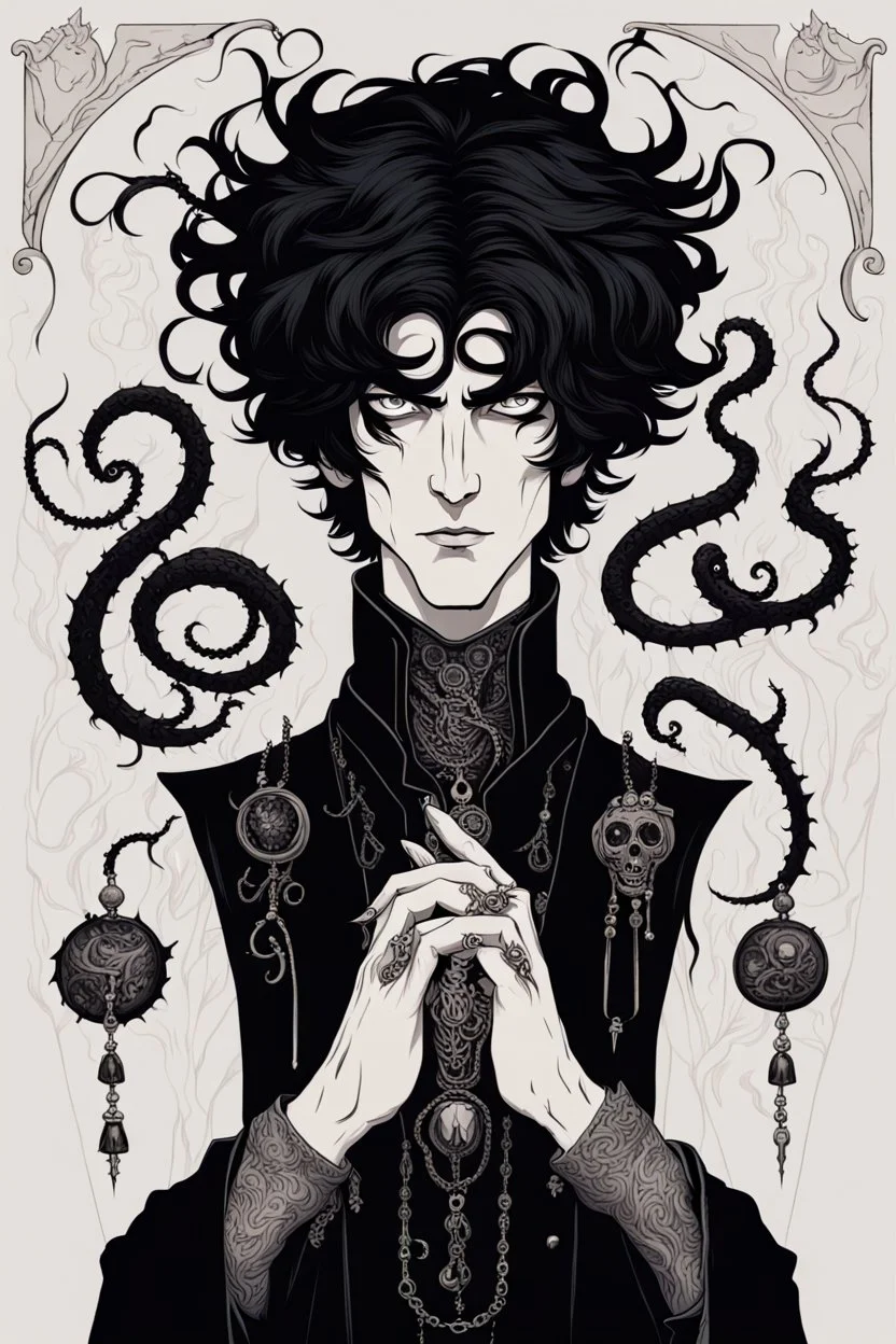 black haired young man necromancer wizard with gothic jewelry and tentacle fingers in the style of Aubrey Beardsley