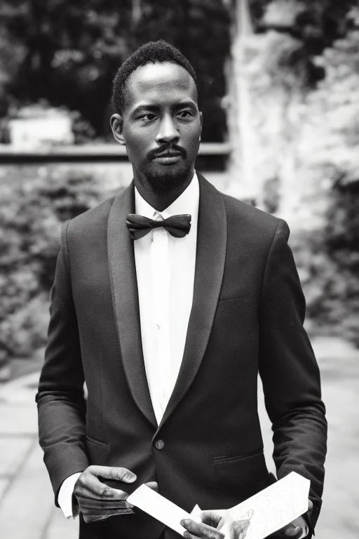 Dashing black man in a suit, holding a deck of cards. There's a young fey dragon with him.