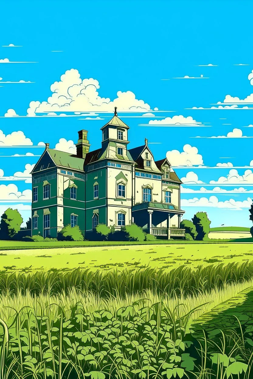 Disused, Victorian Manor House, Blue Sky, Over-Grown Fields, Vector Art