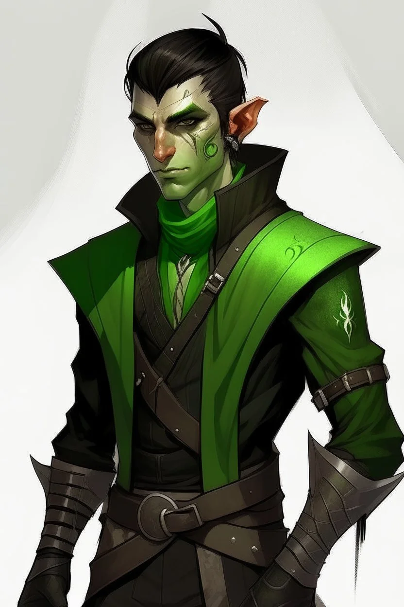 half orc twenty one year old male wearing black and green rogue clothing, mischievous