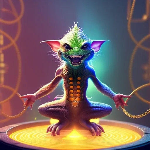 calm yoga gremlin artist, smoking pool, maze background ,chain levitated, levitated lab equipment, 4k, Highly Detailed, Masterpiece, perfect eyes, Digital Illustration, Cinematic Lighting, Realistic, Sharp Focus, Centered, Beautifully Lit, Bioluminescent by Stanley Artgerm Lau