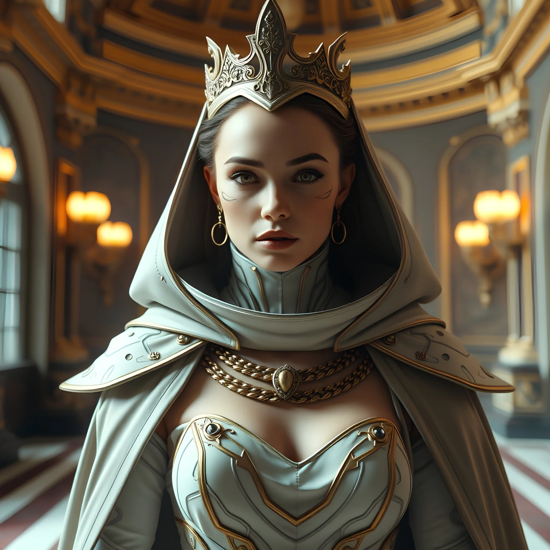 Queen of the future interstellar, wearing sci-fi beautiful clothes, with cloak, standing in the palace, real style, real photo, wide angle, 32K, high resolution, high quality