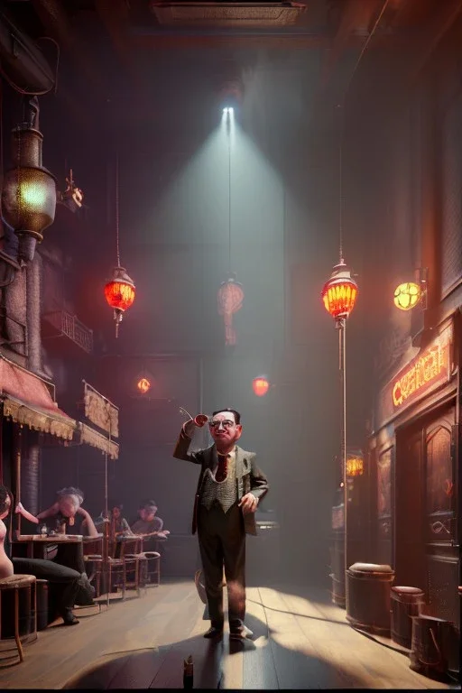 Waist up view cabaret scene, steampunk. old Asian man + little monkey, Sunglasses, smoking, happy, hot. Many people background, highly detailed, concept art, unreal engine 5, god rays, ray tracing, RTX, lumen lighting, ultra detail, volumetric lighting, 3d, finely drawn, high definition, high resolution.