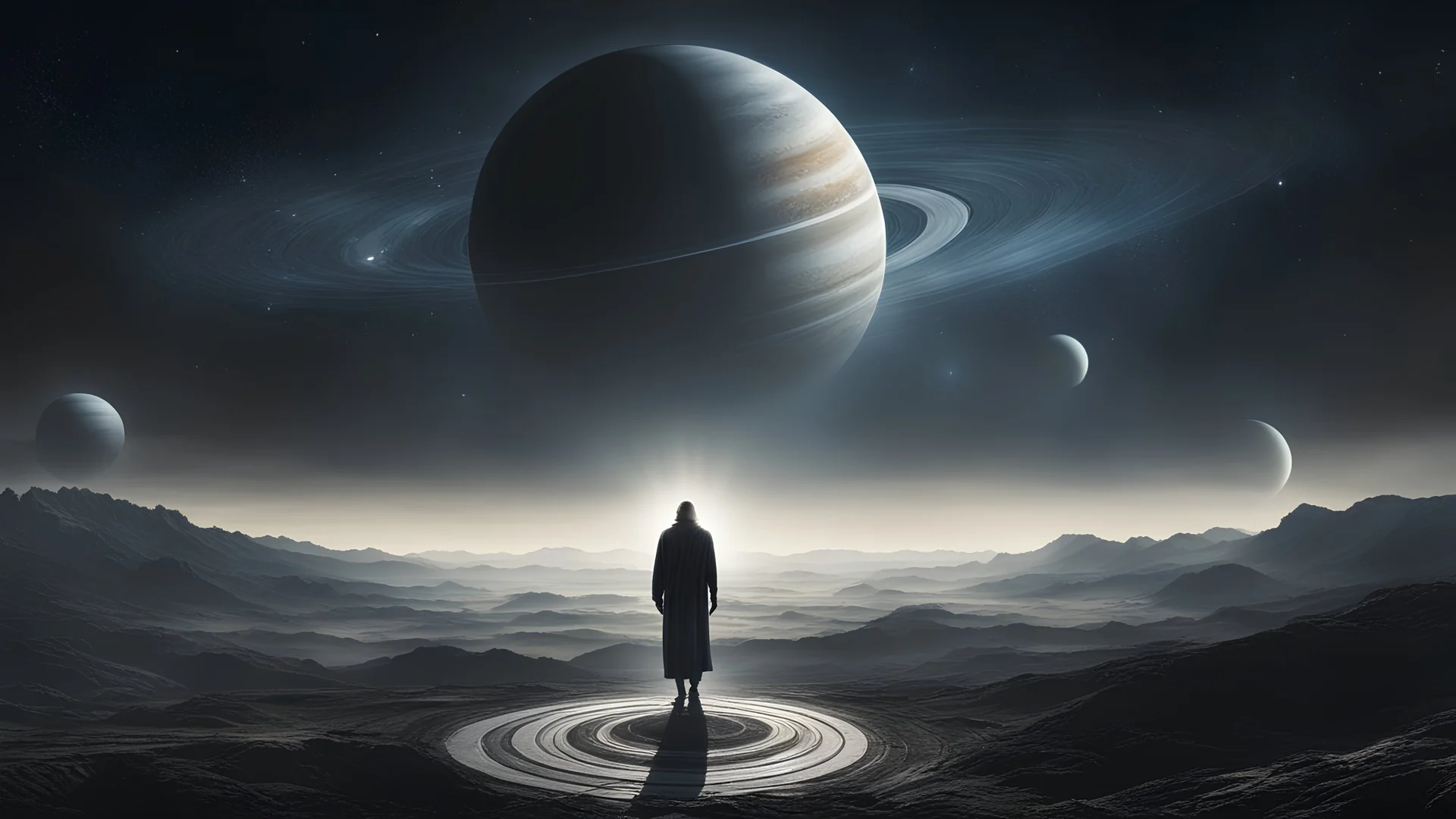 Create a photorealistic image of a shadowy figure standing before a backdrop of Saturn, with ethereal streams of consciousness connecting him to the planet. The setting is mystical, with an aura of ancient wisdom and cosmic horror enveloping the scene. The figure appears as both part of Saturn's landscape and separate from it, symbolizing memories of a past life."