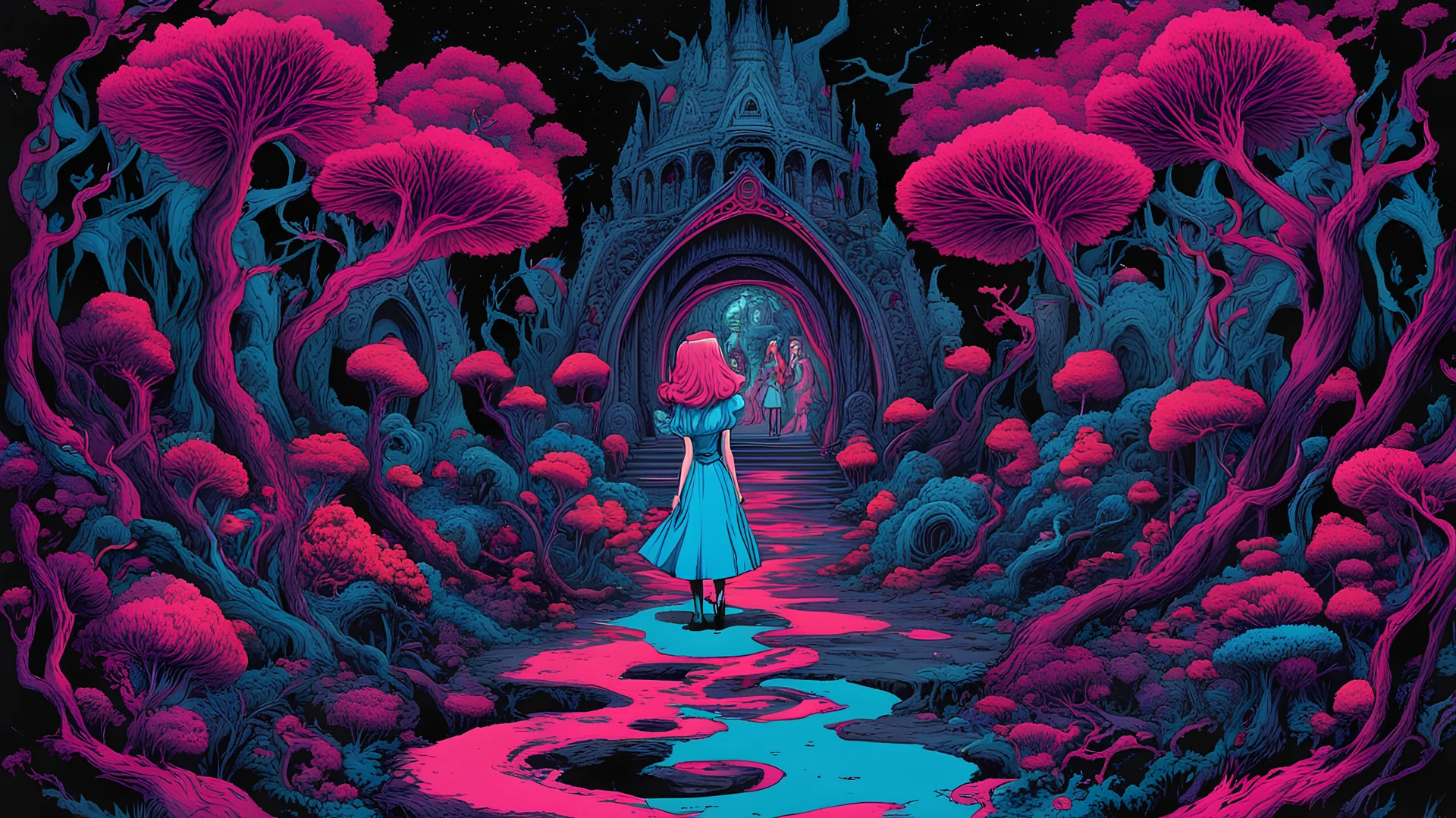 Alice Destroys Wonderland || psychedelic horror, in the styles of Godmachine and Scott M. Fischer and Skinner, acid dye ink, dynamic lighting, sharp focus