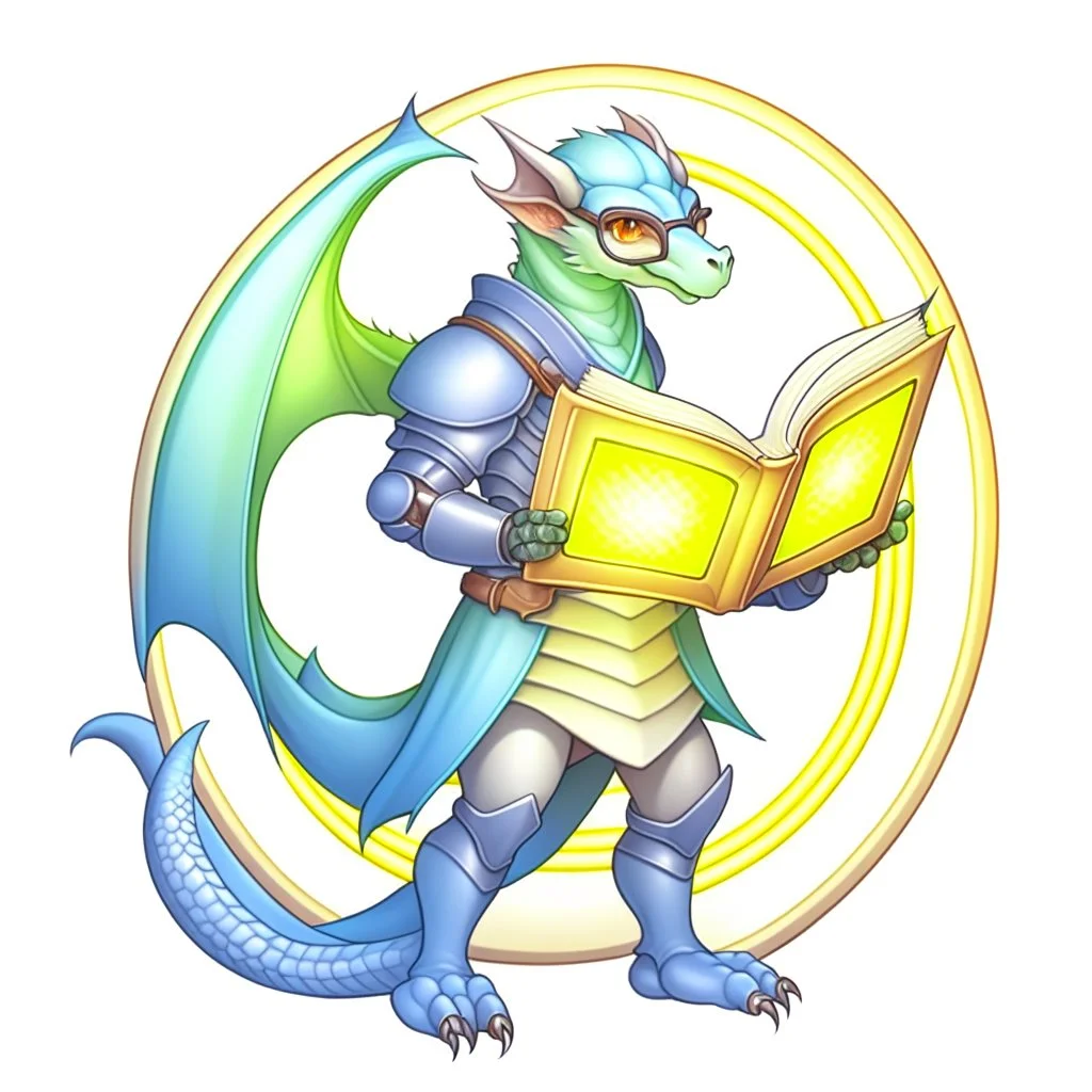 A dragonoid human with grey scales and large glasses along with a long, flexible tail, studying a magical shield in the shape of an octagon