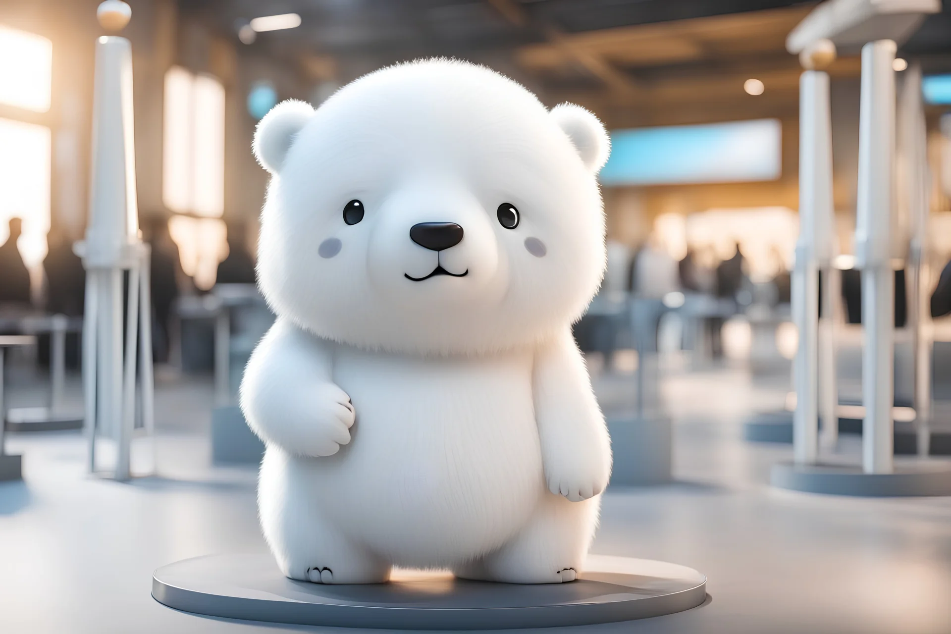 cute fluffy chibi ice bear on an exhibition room with stands in sunshine