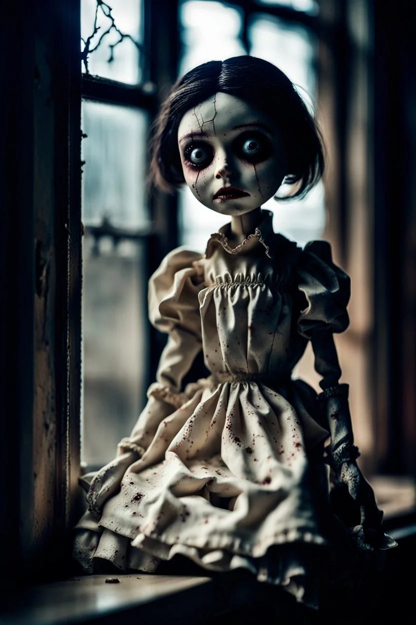 looking at the camera a high realistic porcelain puppet doll, old, dirty with old dress, sitting on shelf, in background blur cracked window. The figure has cracked face and head, and piercing big black eyes. High contrast, cinematic, thriller, dark, atmospheric. Surreal style , perfect composition, sharp focus, intricate details, crepy stunning horror vibe