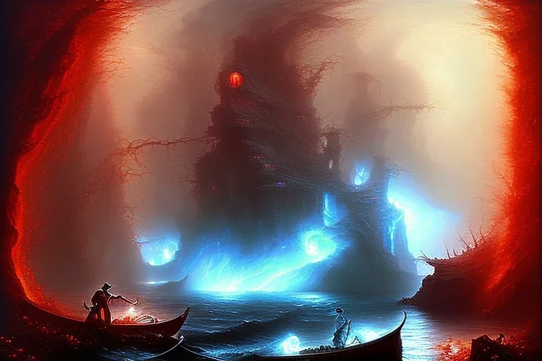 The red hot River Styx leading to hades, Charon, Impressionist brush strokes, high detail, dark dull color