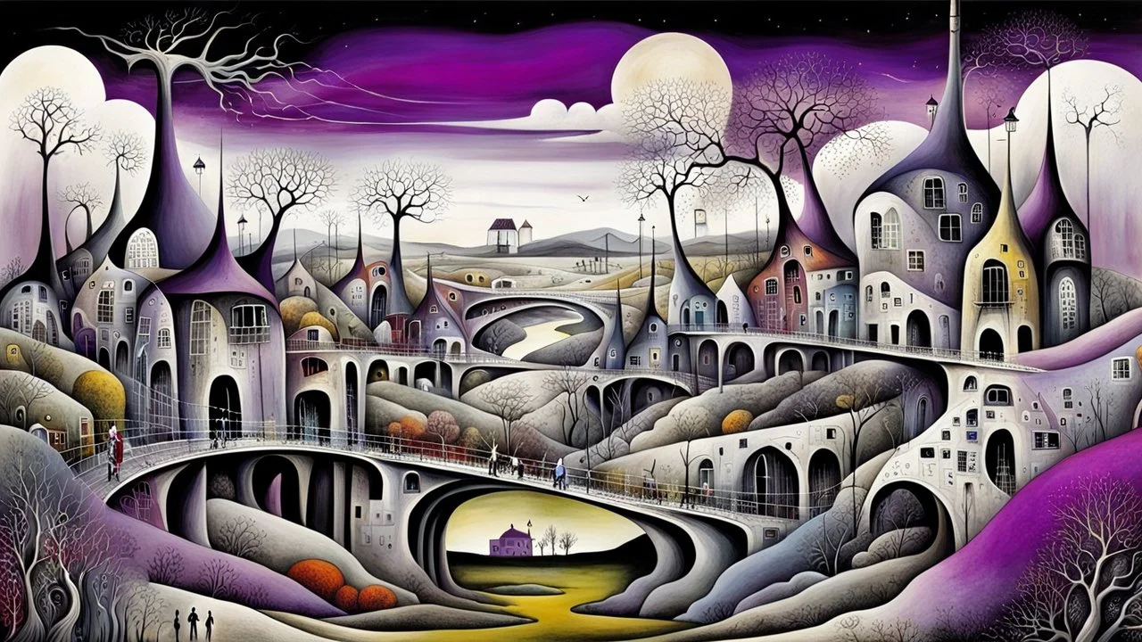whimsical, weird long thin houses stand in village in weird whimsical landscape with long two bridges, , futur-surreal vibe with abstractions, around surreal cracked painted weird land with dark purple, gray, black, white, brown colors. style of Chagall , of Minjae Lee and Tim Burton, absurd beauty picture. weird bizarre absurd, nightmare, big neuron network clouds background and thin bridges, and abstract shapes, surreal stunning vibe