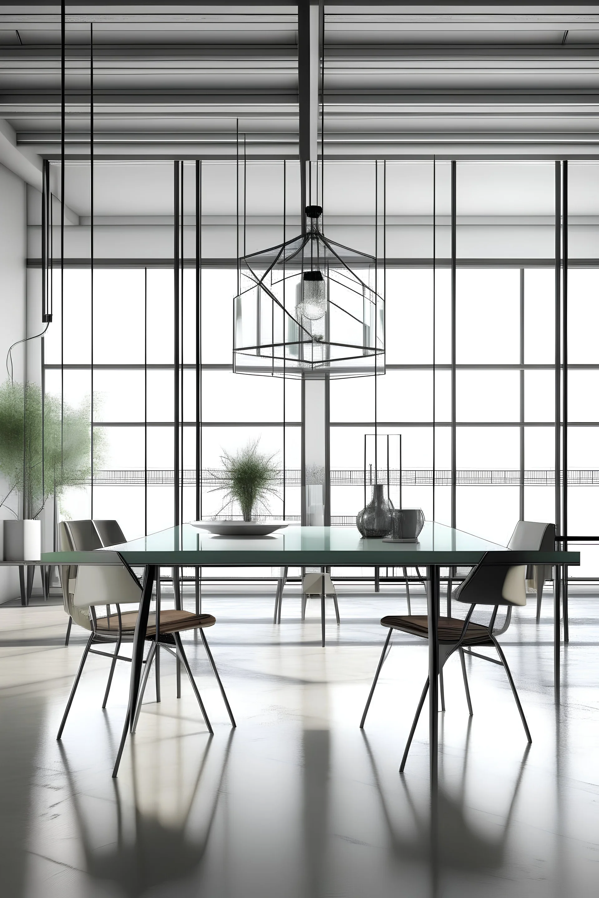 hyper realistic picture of a minimal industrial dining room with glass table and super modern forniture