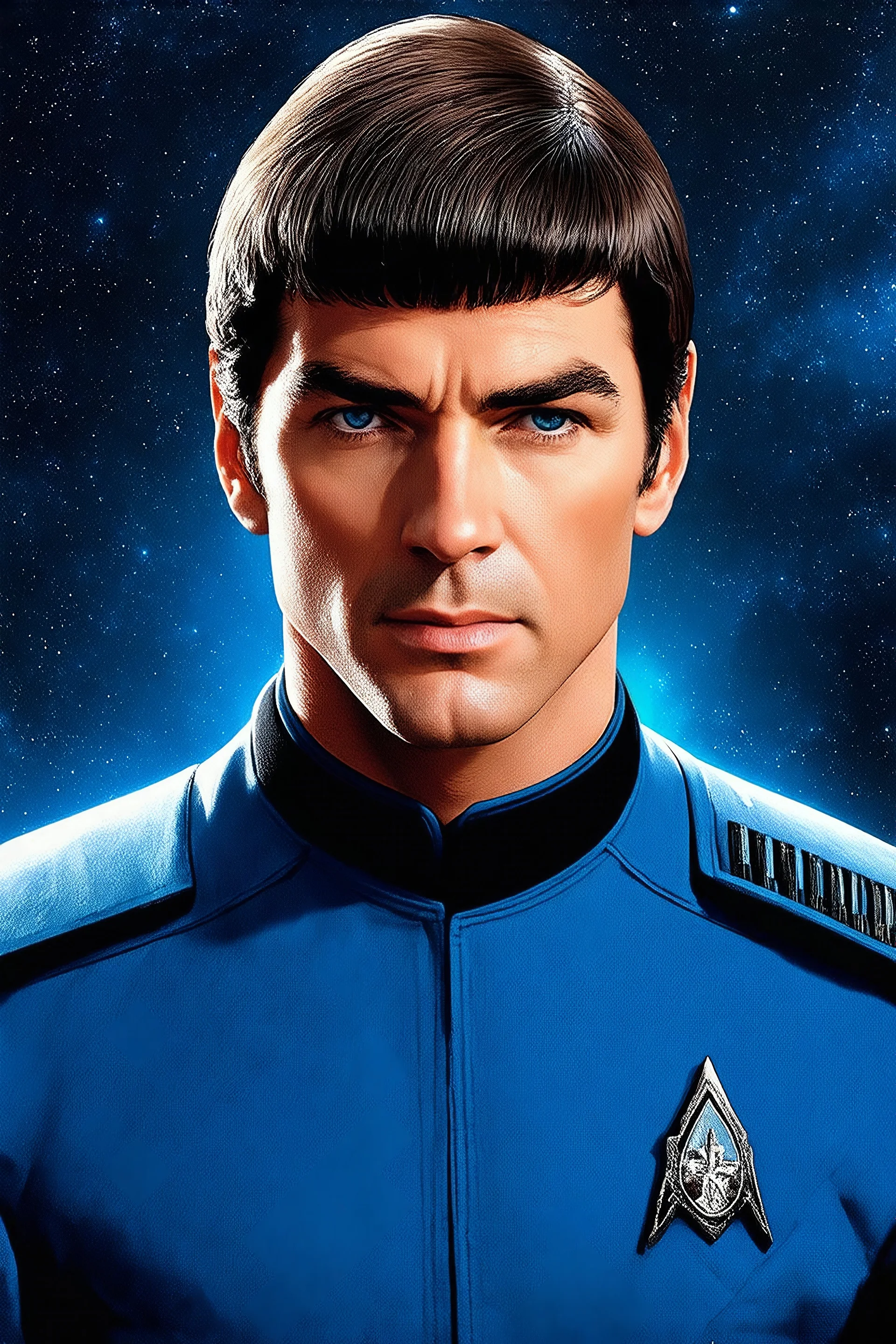 absolutereality_v181.safetensors [3d9d4d2b] - outer space, 30 year old man, Henry Cavill/Leonard Nimoy as Commander Spock, short, dark brown hair the bangs combed straight down over the forehead, blue eyes, thin, dark, extremely slanted eyebrows, thin face with a strong jawline, bright eyes, wearing a Star Trek Starfleed blue Science Officers Uniform, background is outer space, oil paint on canvas, in the style of Patrick J. Jones, Boris Vallejo, Frank Frazetta, Julie bell, Caravaggio, Rembrandt