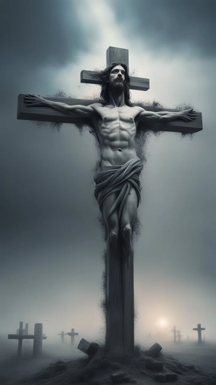 ,surrealism of the dark of a nightmare , hyper photorealistic, hyper detailed bright art color, high resolution, fog, octane render, tilt shift, HDRI Environment, all pictures dark gray, status of Jesus on the cross