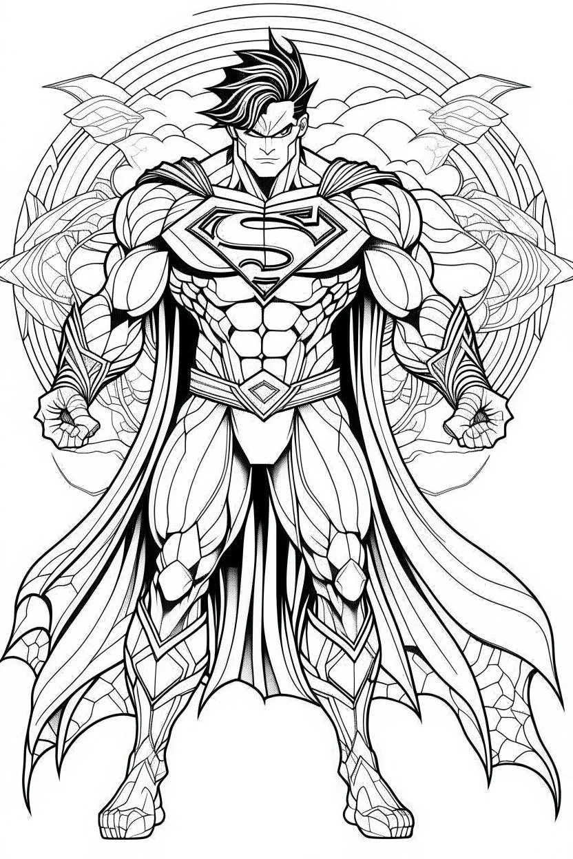 outline art An evolved Superman.Goku cinematic lighting, high resolution 3D render art coloring pages with witch, white background, Sketch style, full body, use outline, Mandala style, clean line art, white background, no shadows and clear and well