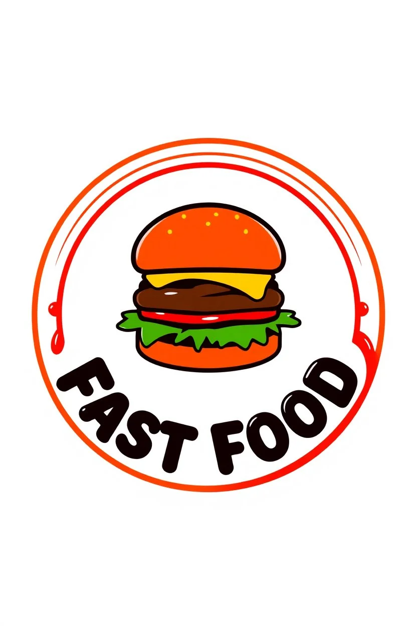 A circle logo designed for fast food with fast food writing and a big hamburger and fried green sausage and ketchup around with red and yellow colors suitable for fast food.