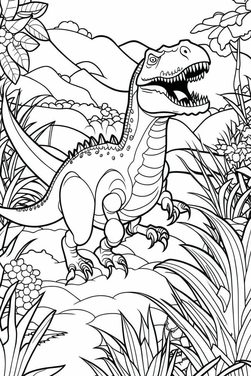 create a coloring page Illustrate a young T-Rex venturing out into its habitat for the first time, exploring its surroundings with curiosity. Kids can color the lush vegetation and other prehistoric creatures they encounter.ink drawing clipart, simple line illustrations, colored