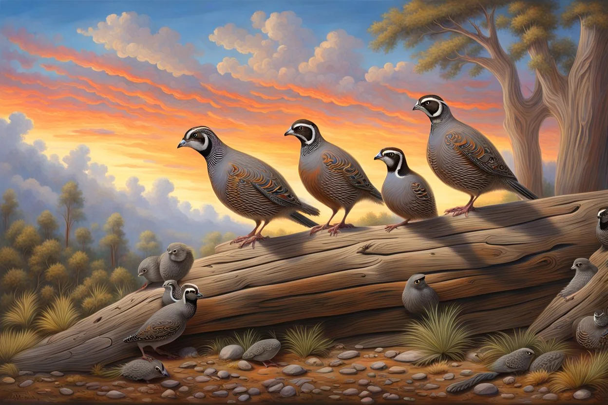 : A family of California quail (Callipepla californica) is out walking near an old log set against a colorful sky with clouds. The nature scene shows both the male and female both care for their offspring and takes place in nature with clean air, beautiful scrubs at the edge of a forest. Modifiers: elegant intricate beautiful award winning fantastic view ultra detailed Robert Bateman Carl Brenders Flo 'n Images Nancy Kaestner Hendry