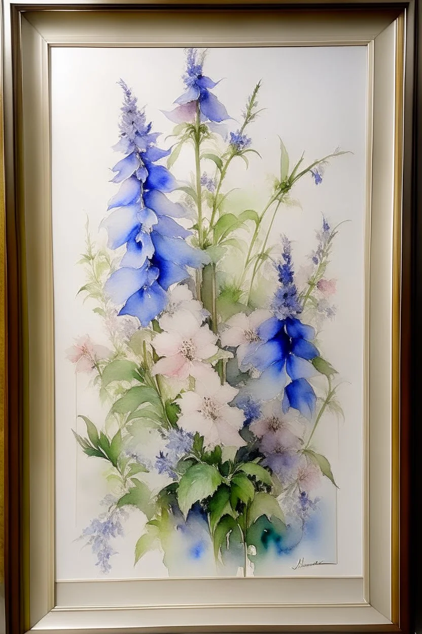 Watercolour of delphiniums in the style of willem henraets